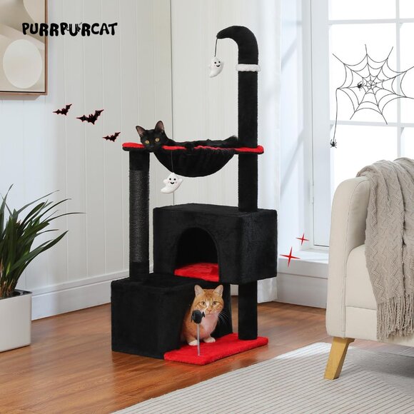 New 45in Gothic Cat Tree with 2 Condos, Hammock, Toys & Scratching Posts – Black - Picture 8 of 8